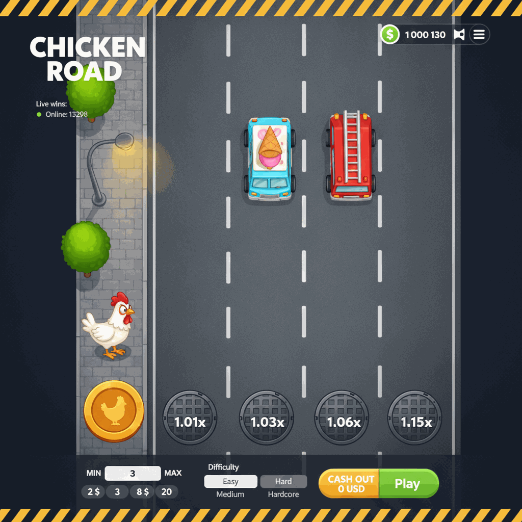 Chicken Road Crash-Spiel von InOut: Ein weißes Cartoon-Huhn steht am Straßenrand und bereitet sich darauf vor, eine mehrspurige Straße zu überqueren, während Autos auf den Spuren fahren. Jede erfolgreich überquerte Spur erhöht den Gewinnmultiplikator in diesem spannenden Crash-Spiel mit Provably-Fair-Technologie.
