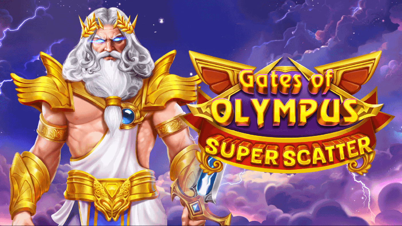 Gates of Olympus Super Scatter: Zeus mit goldener Krone und weißem Haar thront vor rosa-violettem Wolkenhimmel und Tempelarchitektur, umgeben vom golden gerahmten Walzenfeld mit grünem Erdglobus, violettem Kristall, rotem Kristallball und dem runden Super-Scatter-Symbol mit rotem Banner.